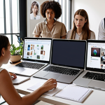 **Brainstorming session:** A diverse group of people collaboratively brainstorming, with AI tools displayed on laptops and screens, sparking creative ideas for blog posts. Focus on a modern, collaborative workspace environment.