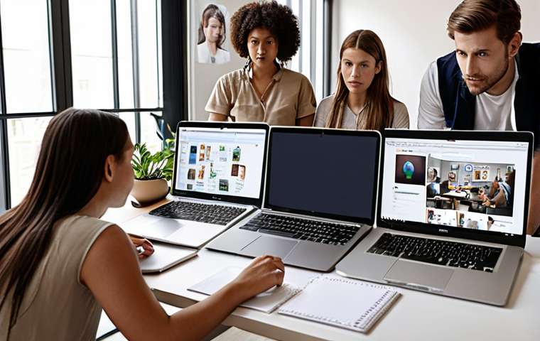 **Brainstorming session:** A diverse group of people collaboratively brainstorming, with AI tools displayed on laptops and screens, sparking creative ideas for blog posts. Focus on a modern, collaborative workspace environment.